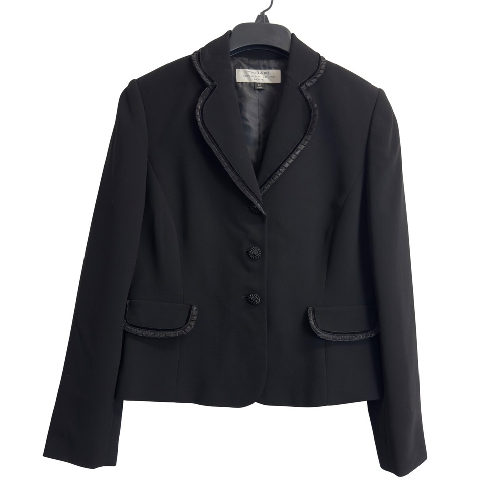 Tahari Arthur S Levine Black Petite Blazer Ribbon Trim Button Up Jacket 6P